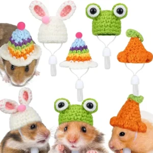 4 Mini Hamster Hats – Hand-Knitted Frog & Carrot for Small Animals